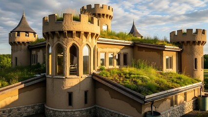 Fototapeta premium Medieval castle with grassy roof tops.