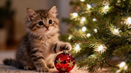 Tabby kitten reaching paw toward a red glass Christmas bauble decorated with gold stars near a lit evergreen tree.