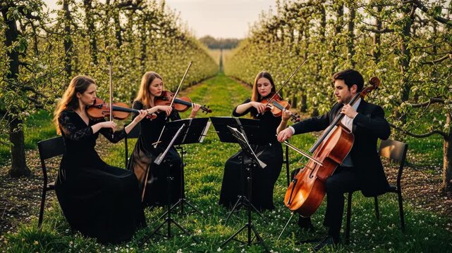A classical string quartet performs an outdoor concert in a blooming orchard.