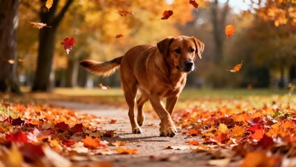 Short-haired reddish brown dog walking along a park path covered in vibrant orange and red maple leaves actively falling during warm autumn sunlight.