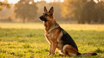 Alert German Shepherd dog sitting patiently on lush green grass during soft golden hour sunlight.