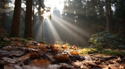 Fototapeta premium Golden sunbeams pierce through the autumn forest canopy illuminating the fallen leaves and mossy ground