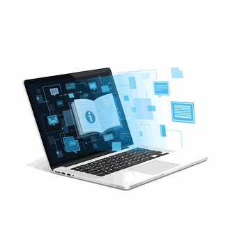 Digital information and technical manual exploding from a modern laptop screen, illustrating online documentation, e-learning, and data access concepts in a vibrant blue vector style.