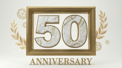 Golden anniversary 50 numeral framed in gold with marble texture and laurel
