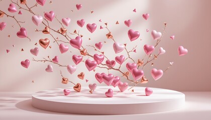 Floating Pink and Copper Hearts Above White Platform