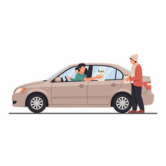 Vector illustration of a driver handing over a bag of groceries or donations to a person standing outside the car window, depicting drive-thru service or social aid.