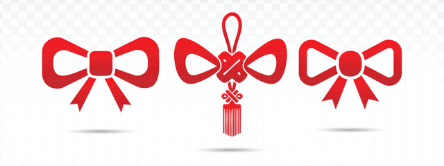 Red decorative ribbon bow set featuring three elegant bow designs with hanging tassel elements, clean flat vector style ideal for gift wrapping, festive packaging, holiday cards, and decorative brand