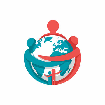Abstract vector illustration showing human figures embracing the Earth globe, symbolizing global unity, family, community, and planetary care in a minimalist flat design style.