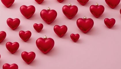 Vibrant Red Heart Ornaments Soft Pink Background