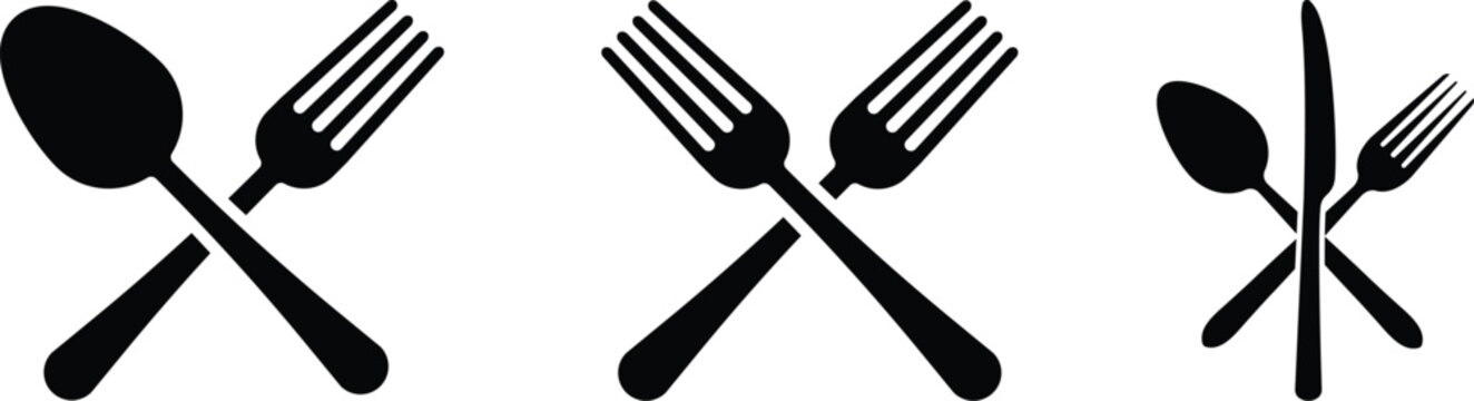 spoon and fork SET , A black silhouette of a fork and knife crossed on a white background on white background , no background.Meat cutting knives of butcher meat knives vector. Restaurant or cafe