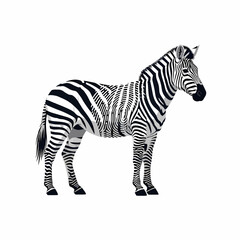 Obraz premium A vector illustration of a zebra standing on a white background, featuring abstract and stylized black and white stripes for a modern graphic design aesthetic.