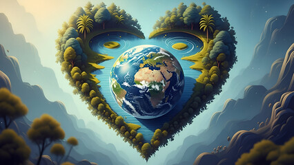 World wetlands day concept showing earth globe inside heart shaped water landscape with forests rivers and nature conservation symbolizing ecosystem balance and care
