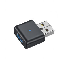 Transparent background Black U S B adapter with blue indicator light and silver U S B connectors isolated on a transparent background