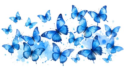 Watercolor blue butterfly collection isolated on white background