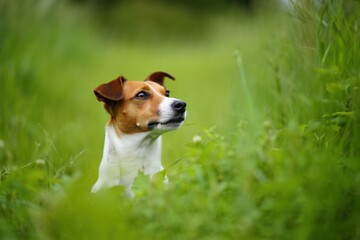Alert brown and white dog peeking through lush green grass canine animal