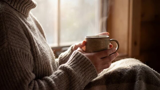 A cozy moment captured: a person enveloped in a warm sweater, cradling a steaming mug near a window, exuding warmth and peaceful solitude.