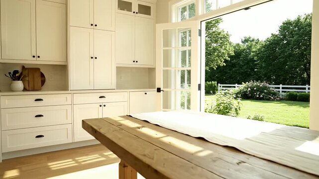 Bright and Airy Kitchen with White Cabinets and Large Patio Doors Opening to a Lush Green Yard.