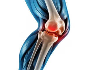 Knee joint with muscles and red inflammation bone pain isolated on a transparent background