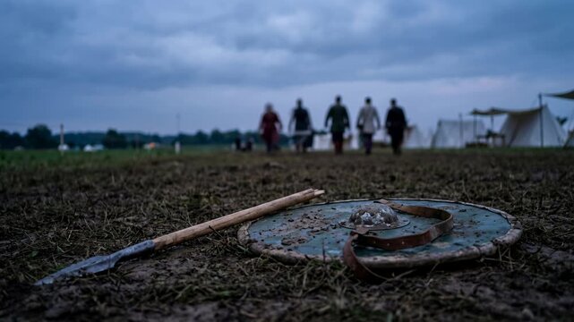 A historic tableau: Warriors in silhouette march with determination toward a camp, their resolve mirrored by a spear and shield, a symbol of strength in a world of adventure.