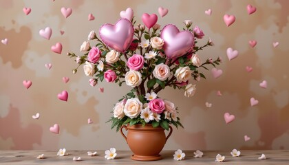 Romantic Floral Arrangement with Pink Heart Balloons