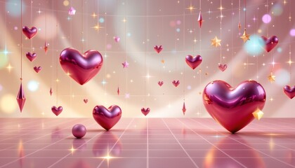 Dreamy Whimsical Scene with Floating Hearts and Glittering Lights