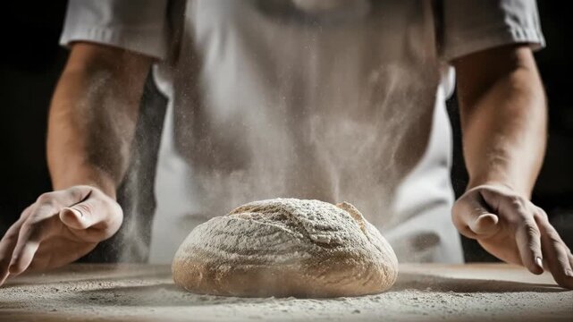 Baker claps hands spreading flour dust over a fresh artisan loaf.