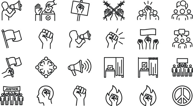 Political protest and civic activism line icons set with voting demonstration rights movement symbols outline vector illustration collection