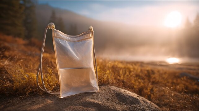 A clear portable water bag rests on a rock in a misty sunlit natural landscape - Powered by Adobe