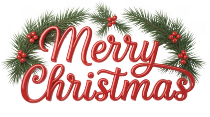 Merry Christmas sign with pine branches and red berries isolated on a transparent background