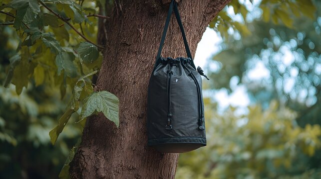 A dark drawstring bag is suspended from a textured tree trunk in an outdoor natural setting