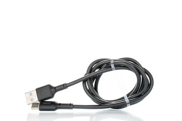 USB cable isolated on white background, close-up.