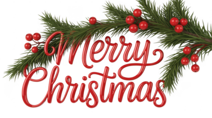 Merry Christmas text with pine branches and berries isolated on a transparent background