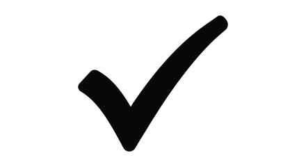 A simple bold black check mark illustration against a clean white background signifying completion or approval