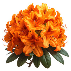 Vibrant orange rhododendron blossom with lush petals, deep green leaves