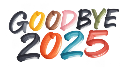 Multicolored goodbye 2025 text isolated on a transparent background