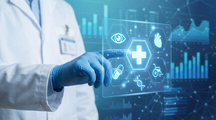 Doctor in white coat touching interactive medical hologram with health icons and clinical data. Concept of advanced smart healthcare, digital diagnostic, and futuristic medical technology.