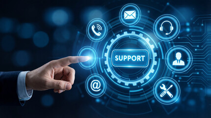 Businessman hand touching "SUPPORT" button on a digital dashboard with customer service icons. Concept of technical support, help desk, and online client assistance in modern business.