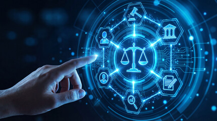 Obraz premium Businessman hand touching digital law interface with scale of justice icon. Concept of legal technology, online courtroom, digital justice system and regulatory compliance software.