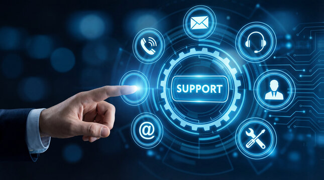 Businessman hand touching "SUPPORT" button on a digital dashboard with customer service icons. Concept of technical support, help desk, and online client assistance in modern business.