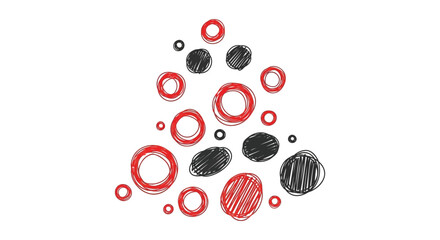 An abstract composition featuring various sized circles in red black and white sketched on a white background