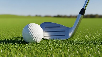 Golf Ball and Club on Green Grass at Sunny Golf Course