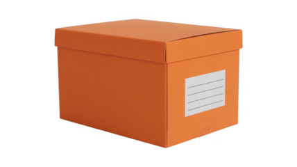 Orange cardboard box with white label isolated on a transparent background