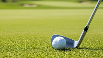 Golf Ball and Club on Green Grass at Sunny Golf Course