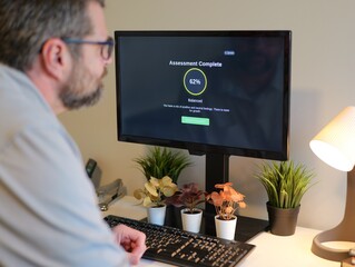 Middle Aged Man Takes Happiness Assessment for Emotional Intelligence and Mental Health Awareness and Wellness Metrics Concept