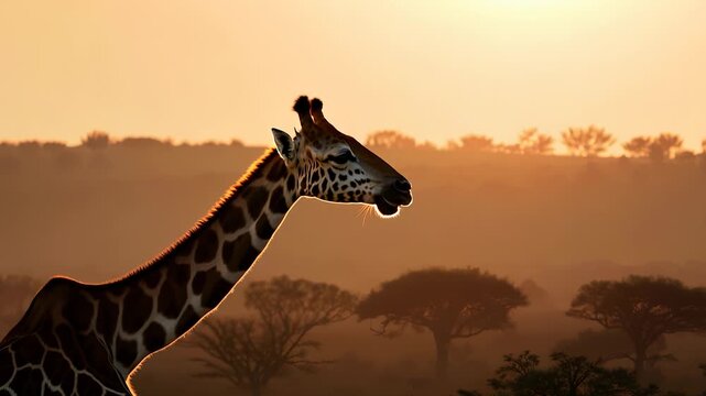 A giraffe stands tall against a golden sunset, highlighting its distinctive patterns and silhouette. This majestic giraffe gazes calmly across the horizon, embodying the serene beauty of nature.