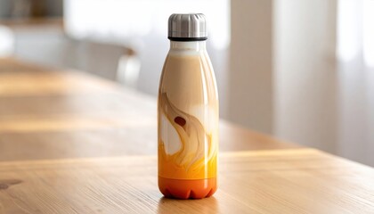 Stylish Insulated Water Bottle on Wooden Table in Natural Light.
