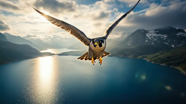 Peregrine falcon soars over a majestic mountain lake at sunrise.