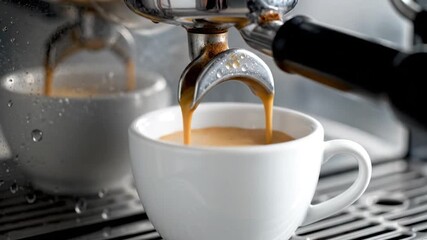 A close-up of espresso being brewed into a white mug, droplets visible. Another mug in the back