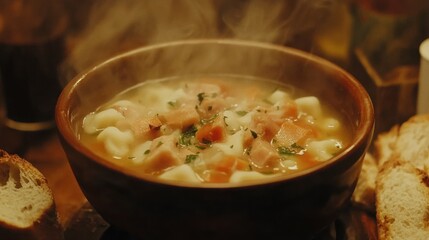 Hearty steaming soup with pasta and meat in rustic bowl