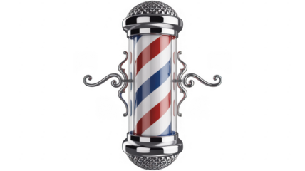 Ornate barber pole with decorative chrome metal sign isolated on a transparent background